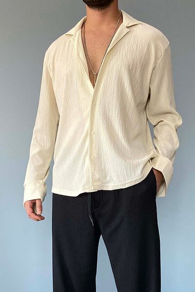 Alışveriş Sokağı Πουκάμισο Oversize σε μπεζ χρώμα - γιακά Apache, μακρύ μανίκι, υφή περιτυλίγματος