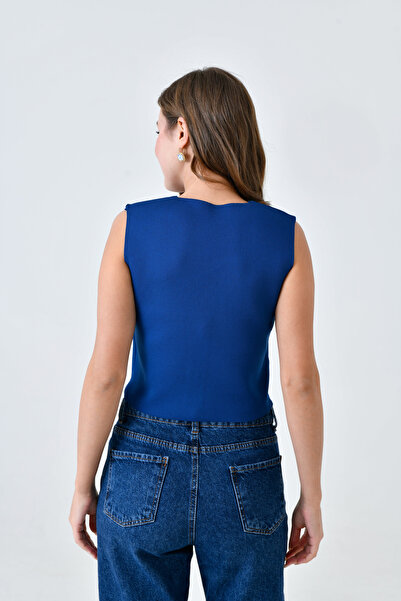 lovebox Women's Stretchy Knitwear Fabric Stylish Button Design Navy Basic Crop Vest 9902