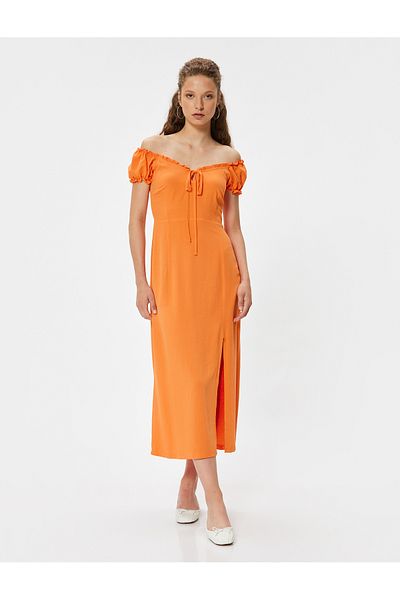Koton Φόρεμα Midi Ruffle Balloon Sleeve - Λεπτομέρεια με λαιμόκοψη και δαντέλα