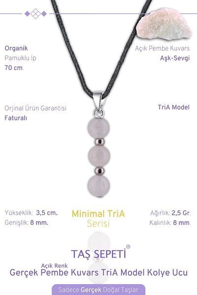 TAŞ SEPETİ قلادة رجالية من الحجر الطبيعي من الكوارتز الوردي الحقيقي موديل TriA من القطن برباط