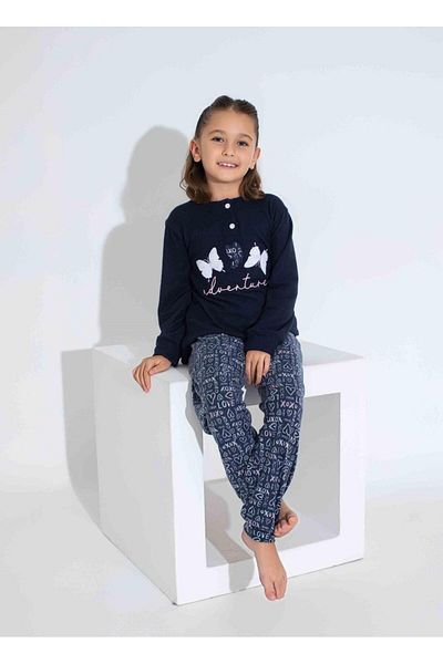 Tarık Mother Girl Women's Thermal Long Sleeve Half Buttoned Butterfly Embroidery Black Pajamas Set