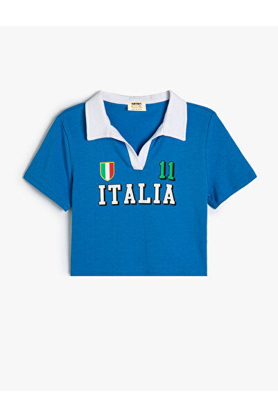 Koton Tričko Polo Neck Crop – bavlna, krátký rukáv, sportovní téma