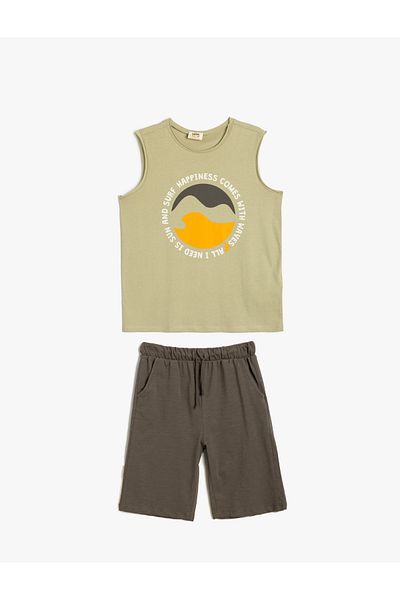 Koton Slogan Themed Shorts and Athlete Set - Print Detailed