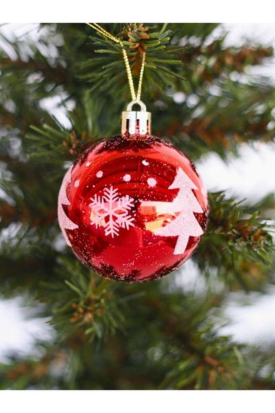 Parti Adresi Christmas Balls Pine Tree Patterned Pine Tree Ornaments Red 6 cm 6 Pcs