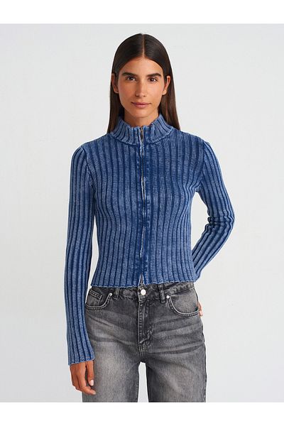 Dilvin 60249 Pale Effect Zippered Knitwear Cardigan-Indigo
