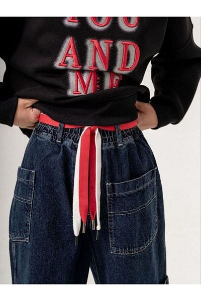Zekids Pantaloni de blugi pentru fete cu talie elastică, cu curea colorată, cu picioare largi