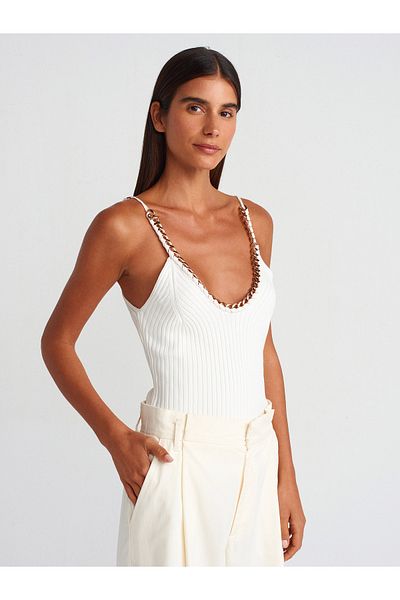 Dilvin 10607 Strappy Chain Corded Knitwear Blouse-Ecru