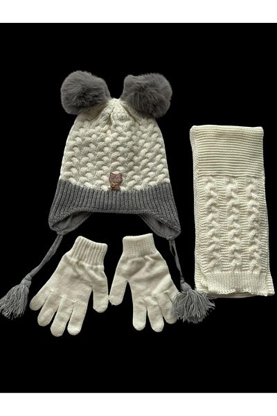Kitti Cream Gray Acrylic Pompom Beanie Set for 4-8 Years Old Girl - Non-Fleece 3-Piece Set