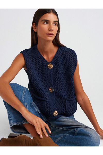 Dilvin 60274 Crew Neck Pocket Buttoned Knitwear Vest-Navy Blue