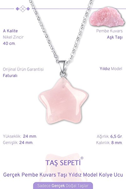 TAŞ SEPETİ Gerçek Pembe Kuvars Doğal Taşı Yıldız Model Zincirli Kolye Ucu