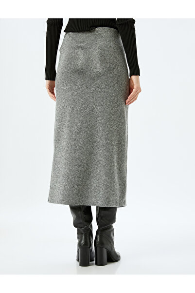 Koton Midi Size Asymmetrical Double Breasted Skirt with Ribbed Slits