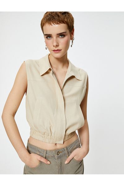 Koton Linen Blended - Sleeveless Zippered Crop Shirt