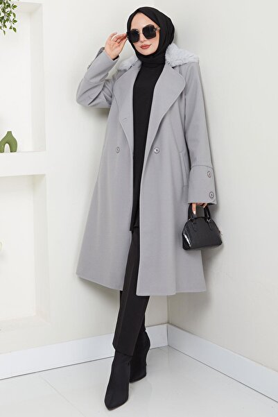 hafsamina Gray Stamp Coat - Fur Detailed Collar, Hm2583