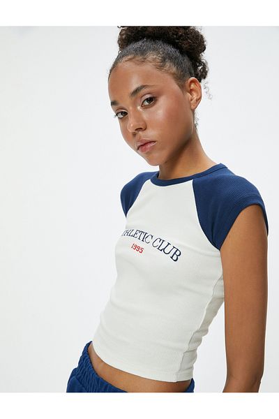 Koton Crew Neck Crop Sports T-Shirt - Printed and Raglan Sleeves, Slim Fit