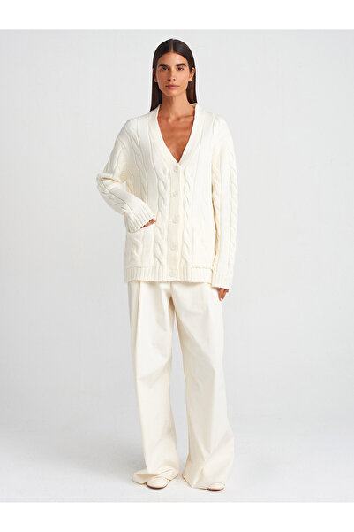 Dilvin 60266 V-Neck - Ecru Knitwear Cardigan with Hair Braid Detail