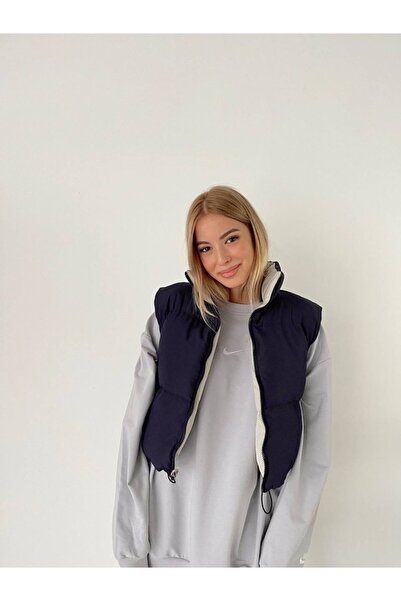 Genel Markalar Çift Taraflı Crop Şişme Yelek Lacivert-gri