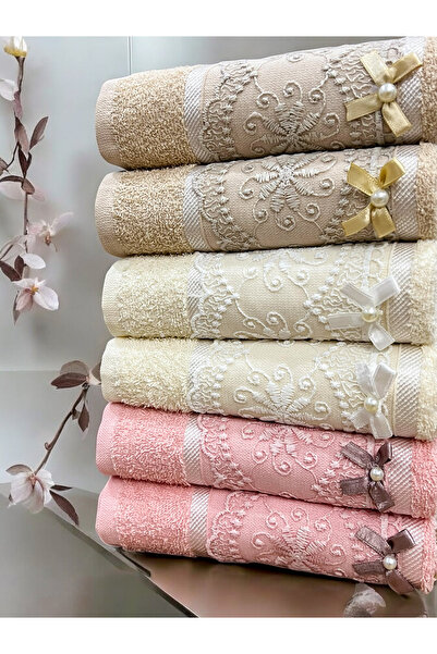 AYENNA 6 Adet Fiyonklu Lüks Fransız Güpürlü Çeyizlik 50x90 El ve Yüz Havlusu