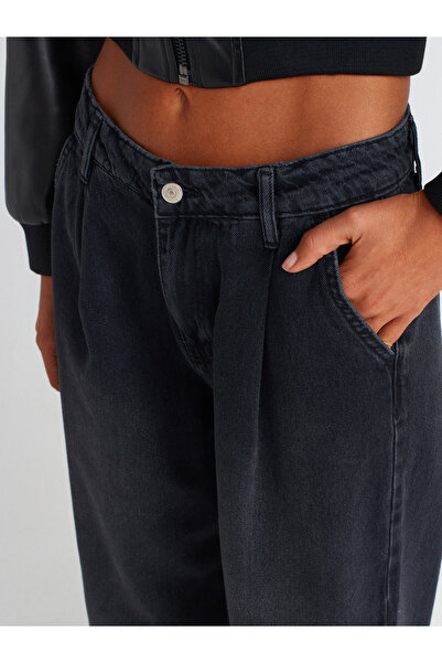 Dilvin 71733 Pileli Geniş Denim Pantolon-Siyah