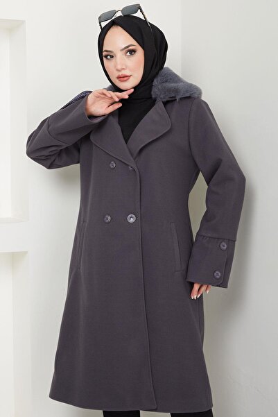 hafsamina Anthracite Stamp Coat - Fur Collar Detail, Hm2583