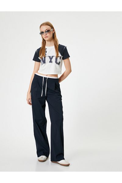 Koton College Printed - Crew Neck Slim Fit Crop T-Shirt, Color Block