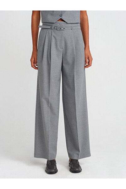 Dilvin 71560 Belted Collet Fabric Trousers-Light Gray