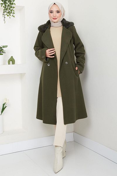 hafsamina Παλτό Khaki Cashmere - Γούνινο γιακά, Μοντέλο HM2583