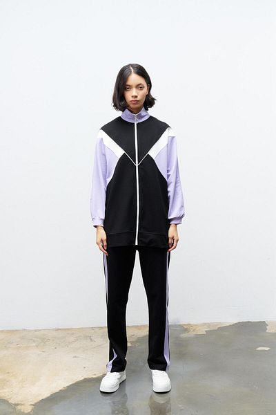 Basicpark Set de top tricotat pentru femei, negru, cu fermoar, decolteu, cu garnitură de culoare și pantaloni elastici