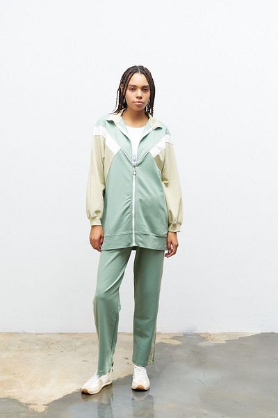 Basicpark Mint Green Women's - Crew Neck Zippered and Elastic Knitted Trousers