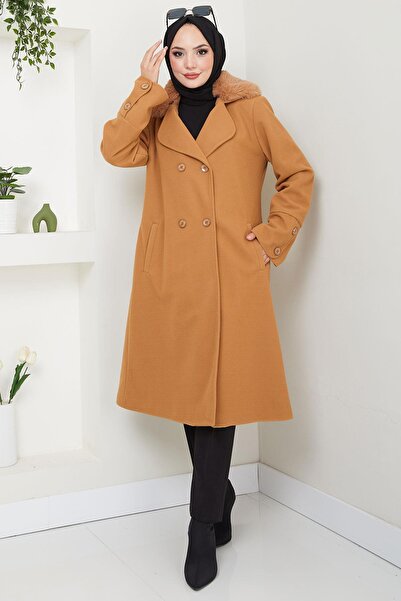 hafsamina Cashmere Coat with Fur Collar Detail Taba Hm2583