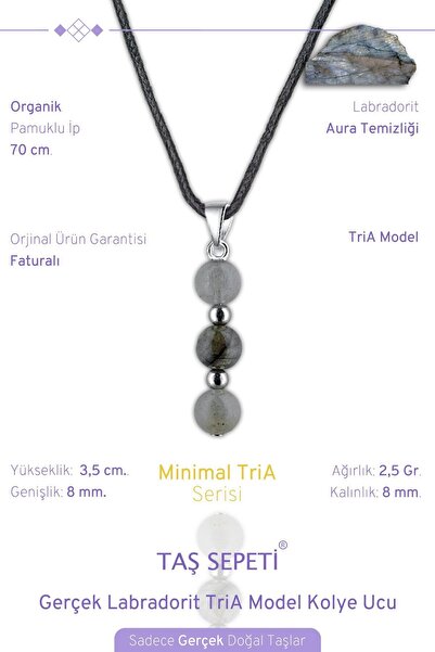 TAŞ SEPETİ Gerçek Labradorit Doğal Taşı Minimal TriA Model Pamuklu İpli Erkek Kolye