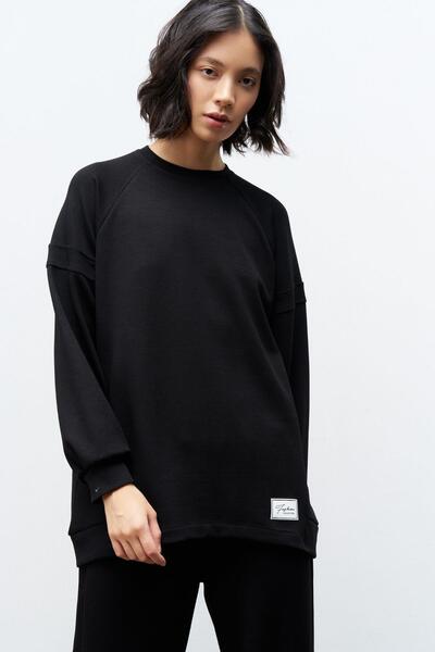 Basicpark Black Anti-Sweat Ornamental Label Detailed Top and Waist Elastic Trousers Modal Set