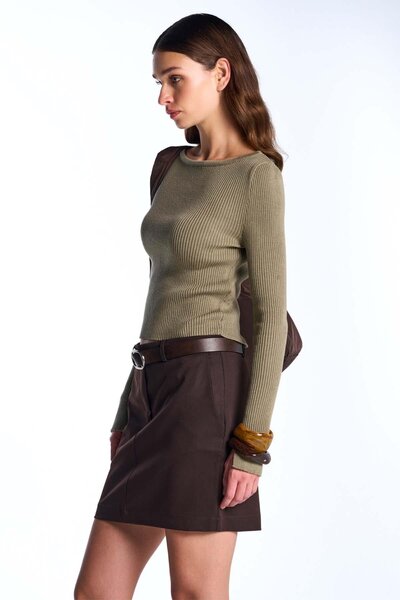 SHERIN Khaki Long Sleeve Ribbed Sweater