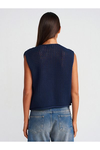 Dilvin 60274 Crew Neck Pocket Buttoned Knitwear Vest-Navy Blue