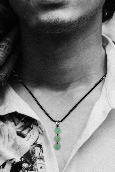 TAŞ SEPETİ Real Aventurine Natural Stone Minimal Tria Model Cotton Drawstring Mens Necklace