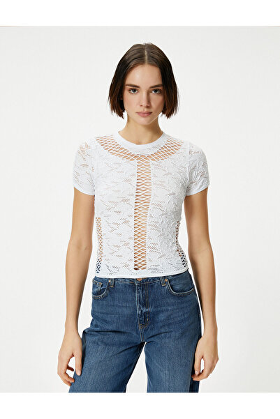 Koton Mesh Detailed Crop T-Shirt Textured Short Sleeve Crew Neck