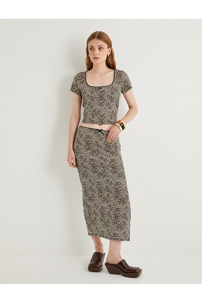 Koton A-line Leopard Patterned Long Skirt - Slit and Bow Detail