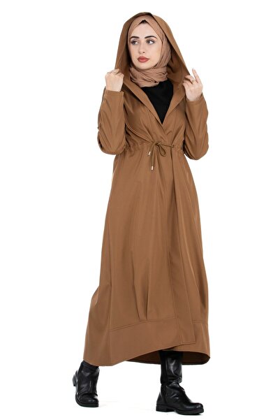 Sevitli Kapşonlu Eteği Volanlı Trençkot-Taba