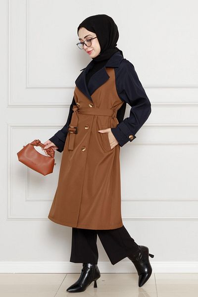 Sevitli Two-Color Belted Trench Coat-Tan