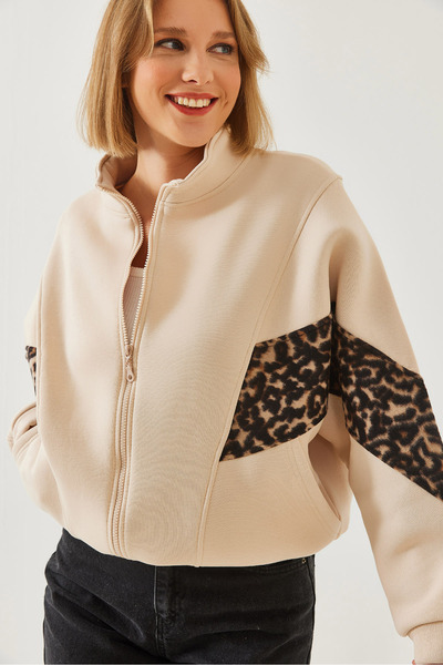 Bianco Lucci Women's Leopard Pattern Fleece Garnished Zippered Cardigan 6416 60251953