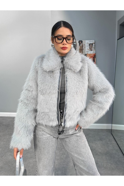My Blog Šedá bunda z umělé kožešiny na zip vepředu Winnie - 500006