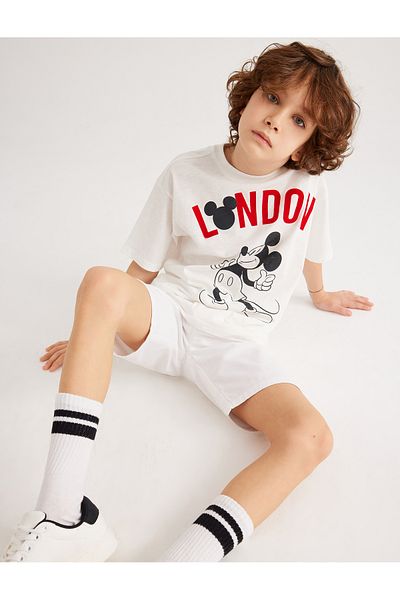 Koton Lizenziertes Mickey Mouse-Kurzarm-T-Shirt aus Baumwolle – Rundhals