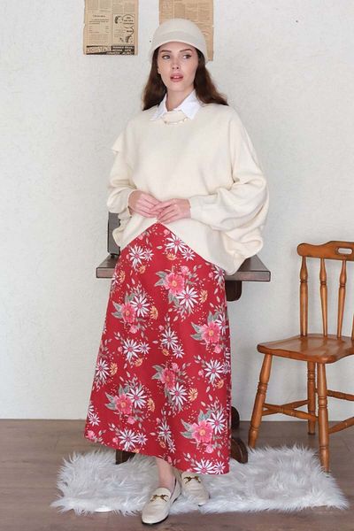 Ceylan Otantik Red Floral Cotton Satin Flared Skirt