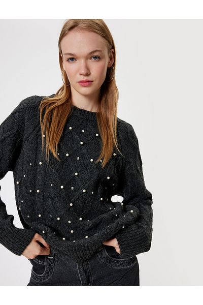 Koton Crew Neck Pearl Detailed Knitwear Sweater - Long Sleeve