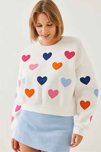 Bianco Lucci Kadın Kalp Nakışlı Üç İplik Şardonlu Sweatshirt 6458 60251955