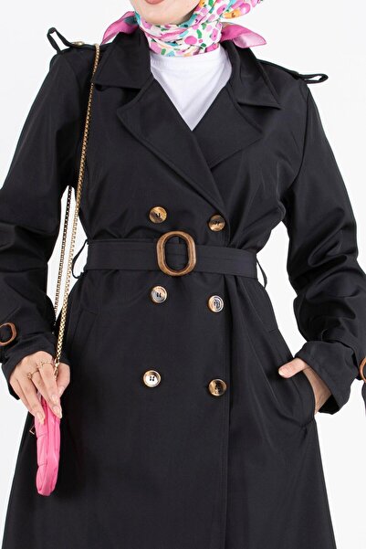 Sevitli Omuzu Apoletli Trençkot-Siyah