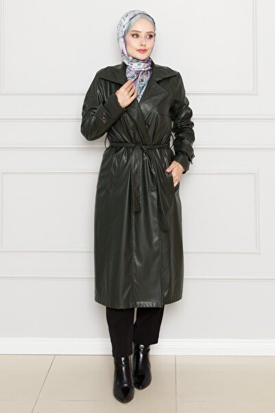 Sevitli Δερμάτινη καμπαρντίνα με ζώνη χακί χρώματος