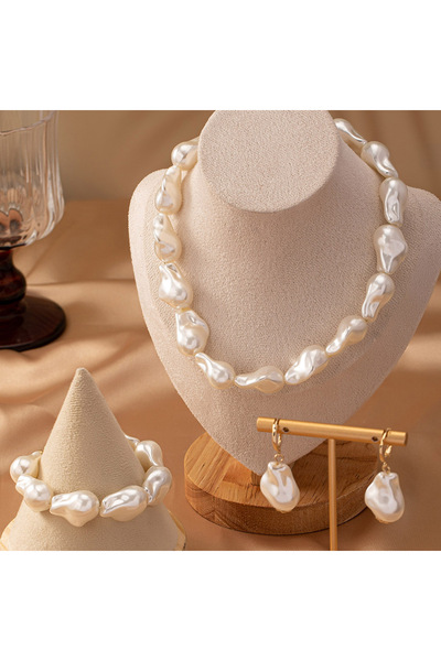 İPAR AKSESUAR Irregular Ecru Baroque Pearl Bride Set Design Necklace