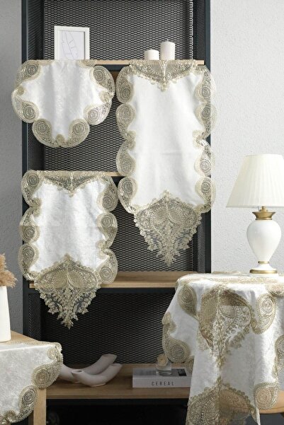 bursa çeyiz Velvet 5 Piece Modern Embroidered Living Room Set - Gold