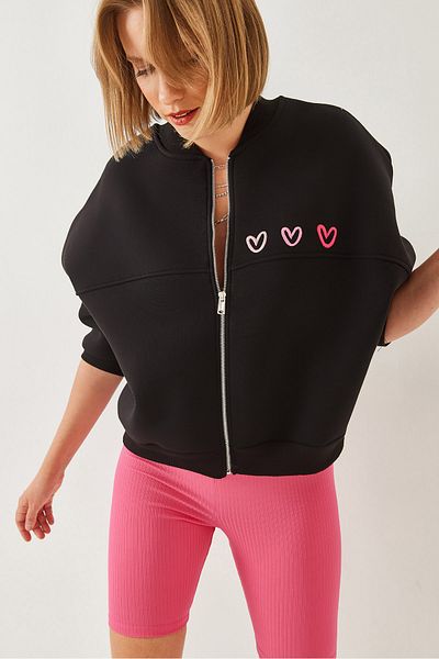 Bianco Lucci Women's Heart Embroidered Three Thread Ribbed Cardigan 6326 60251954