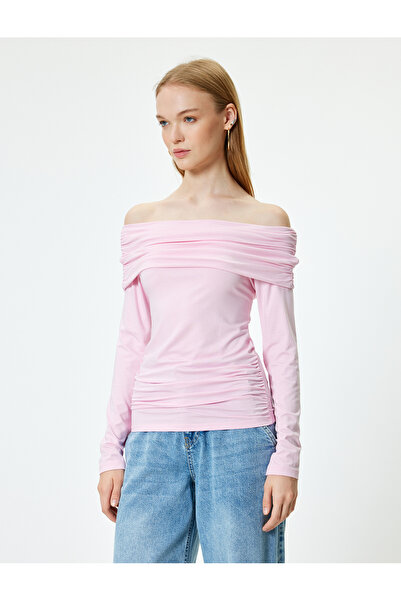 Koton Μακρυμάνικο ανοιχτό σώμα με κολάρο Madonna με ντραπέ λεπτή εφαρμογή